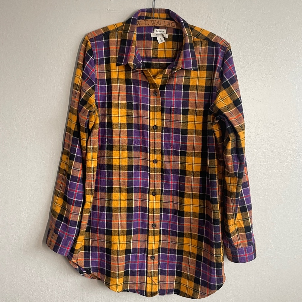 L.L. Bean Plaid Cotton Flannel Mustard Purple Shirt M Classic Preppy